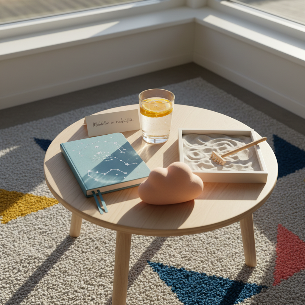 A cozy wellness corner built around a low, circular, light-wood table scattered with playful wellbeing tools: a sky-blue journal with embossed silver constellations, a peach-colored stress ball shaped like a cloud, a glass of infused water with floating citrus slices, and a tiny tabletop sand garden with a miniature wooden rake. The table sits on a soft, pale-gray rug with colorful geometric accents. Warm golden-hour sunlight spills diagonally across the scene from a nearby window, creating long, soft shadows and sparkling highlights on the glass. Captured from a slightly elevated angle in photographic realism, the composition uses the rule of thirds to emphasize openness and experimentation, expressing a mood of gentle encouragement and “Mahdoton on mahdollista.”