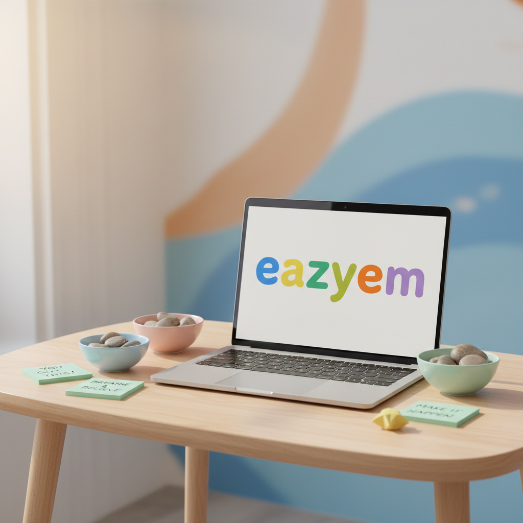 A bright, uncluttered wellness workspace featuring a smooth birch-wood desk with rounded playful edges, holding a slim silver laptop displaying the word “eazyem” in bold, colorful letters. Around the laptop sit small pastel ceramic bowls filled with polished river stones, mint-green sticky notes with uplifting handwritten phrases, and a single yellow origami star. Soft morning daylight pours in from an unseen window, creating gentle reflections on the desk and casting rounded, friendly shadows. Shot at eye level in photographic realism with a shallow depth of field, the background dissolves into a creamy blur of abstract shapes in cheerful blues and oranges, evoking possibility and the idea that the impossible can become possible.