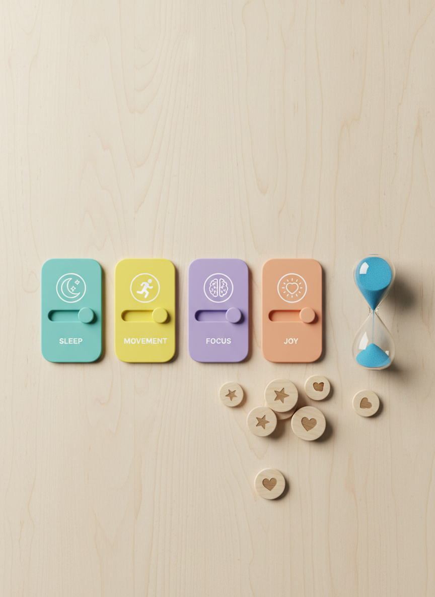 A stylized wellbeing “control panel” laid flat on a pale birch tabletop: colorful slider tiles labeled with icons for sleep, movement, focus, and joy, each made from matte silicone in candy-like shades of teal, lemon, and lilac. Beside them lie round wooden tokens engraved with tiny symbols of stars and hearts, and a small clear hourglass filled with bright blue sand mid-flow. Soft studio lighting from above creates a crisp, even glow, with gentle reflections on the hourglass glass and subtle shadows beneath each piece. Photographic realism, shot from a true top-down bird’s-eye view, creates a clean infographic-like composition. The atmosphere feels experimental, playful, and empowering, as if adjusting small dials could make the impossible feel manageable and fun.